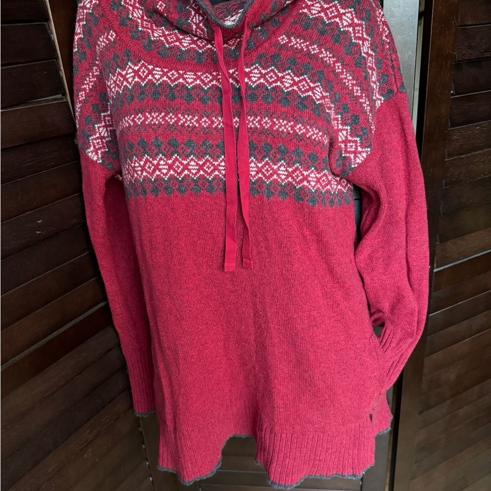 Eddie Bauer Red Cowl Sweater with Fair Isle Pattern